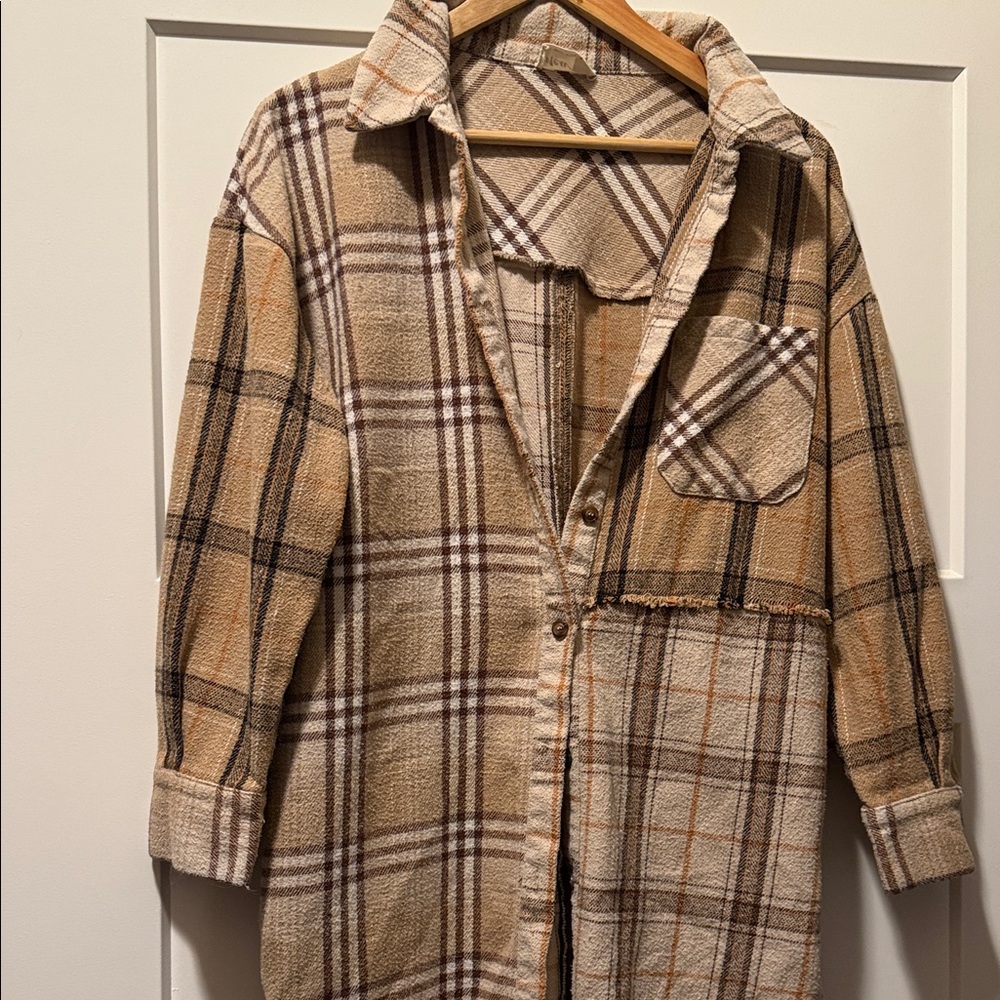 Oversized Shacket Plaid Tan Cardigan Sweater